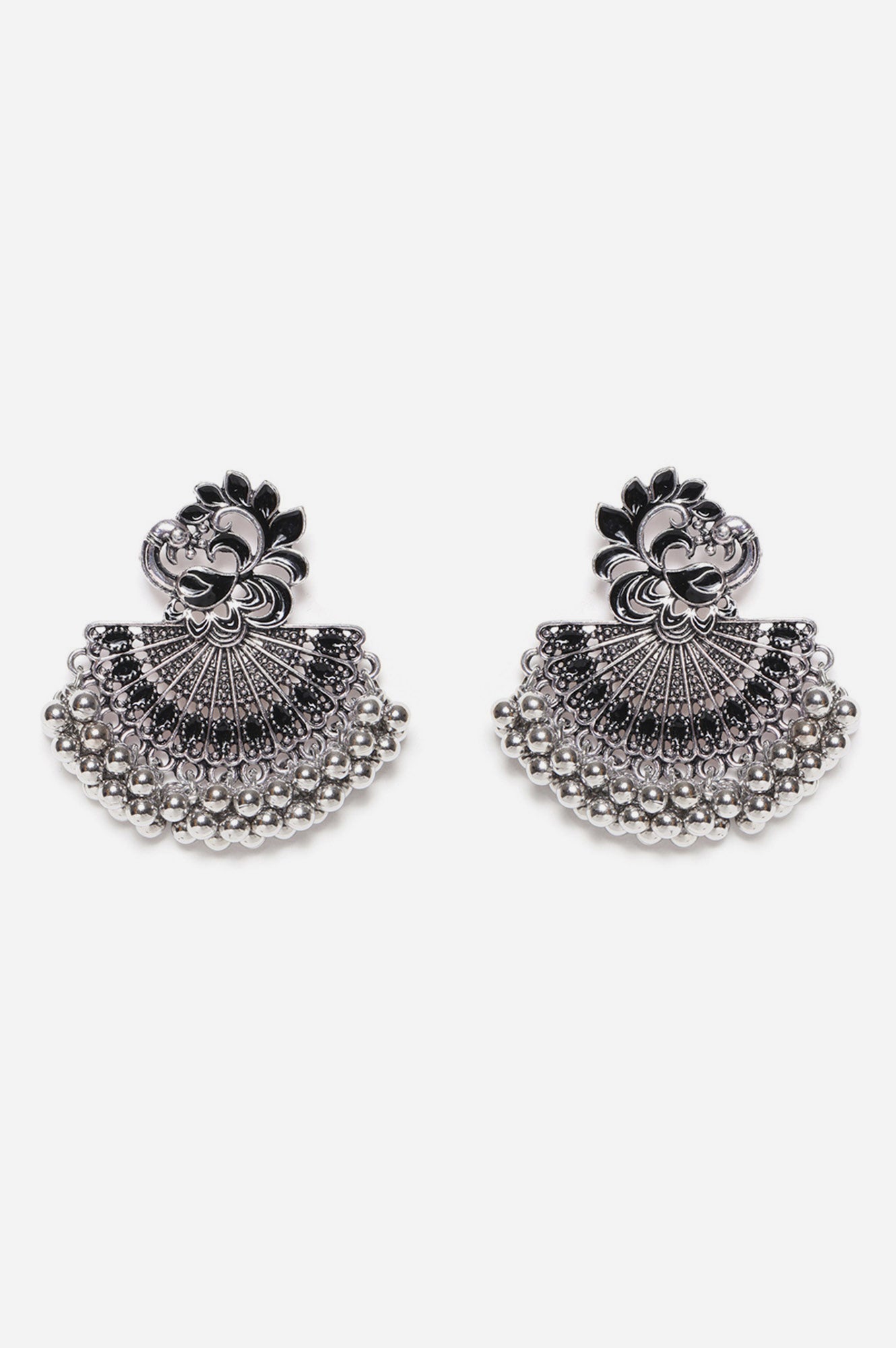 Black Ethnic Peacock Silver Dangler Earrings