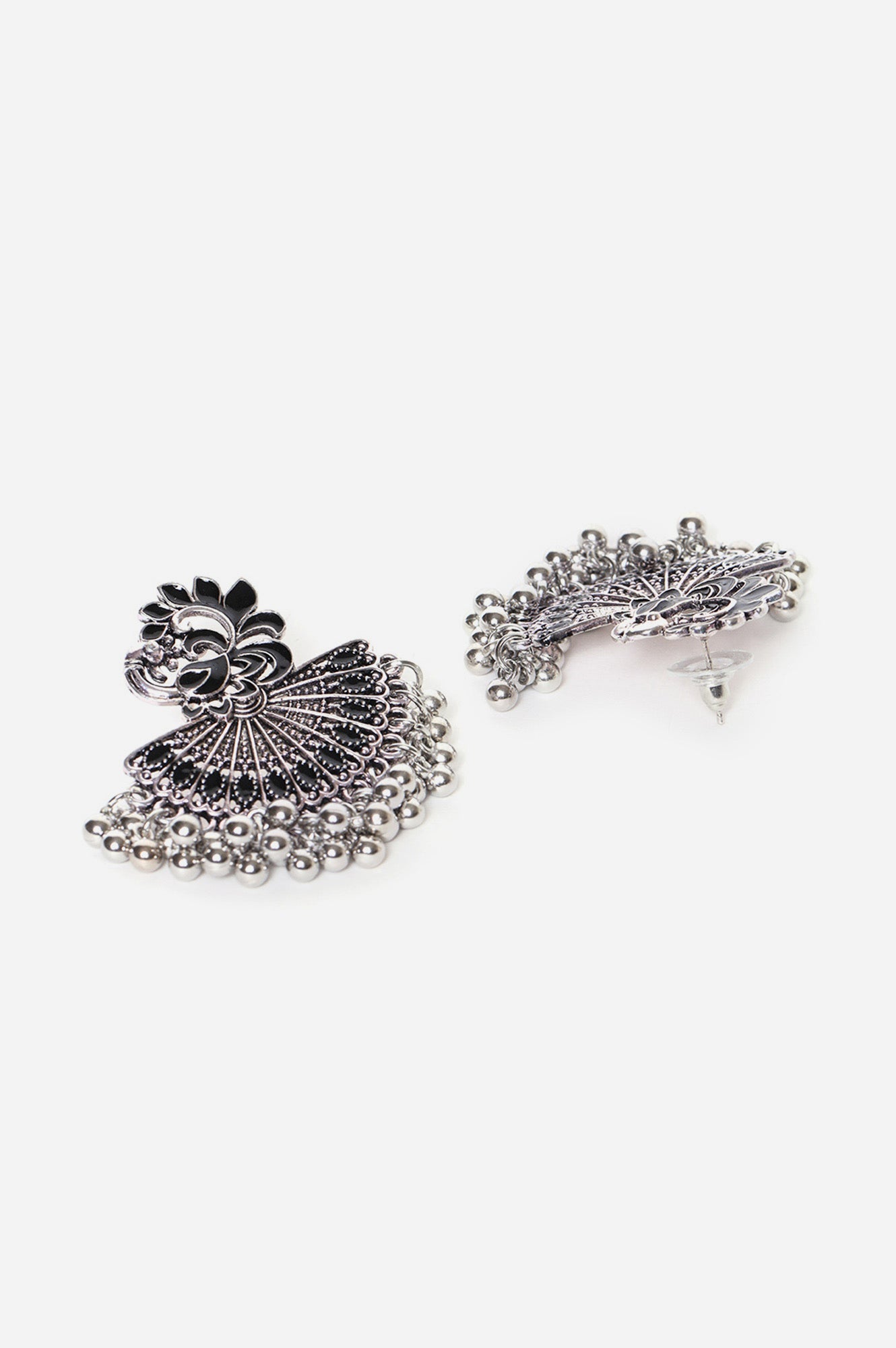 Black Ethnic Peacock Silver Dangler Earrings