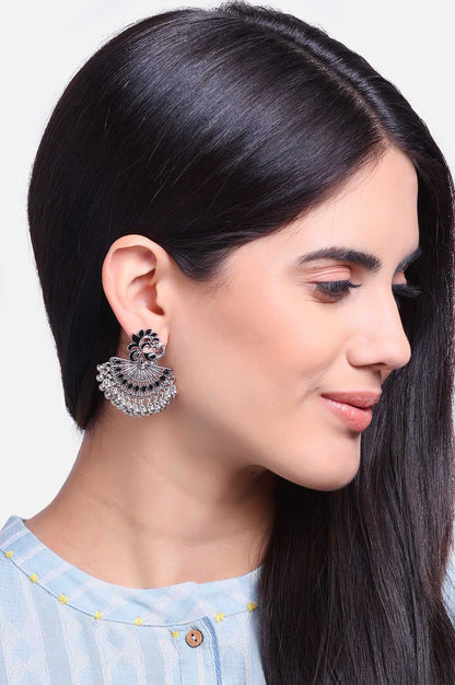 Black Ethnic Peacock Silver Dangler Earrings