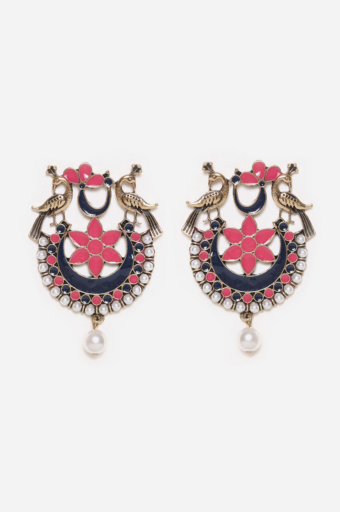 Pink and Blue Enamelled Stud Earrings with Peacock Motif