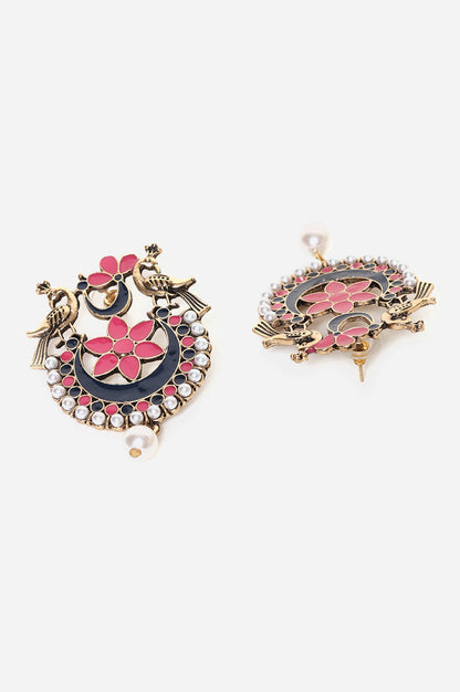 Pink and Blue Enamelled Stud Earrings with Peacock Motif