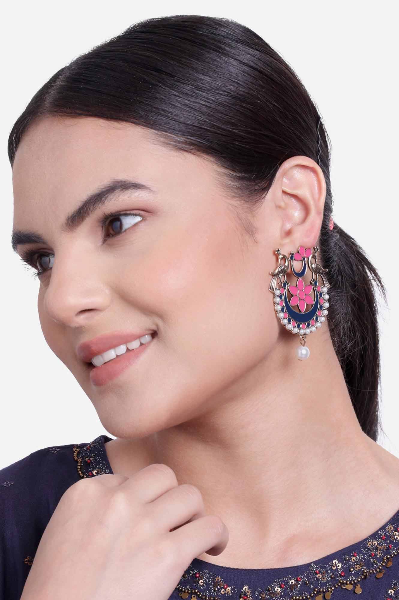 Pink and Blue Enamelled Stud Earrings with Peacock Motif