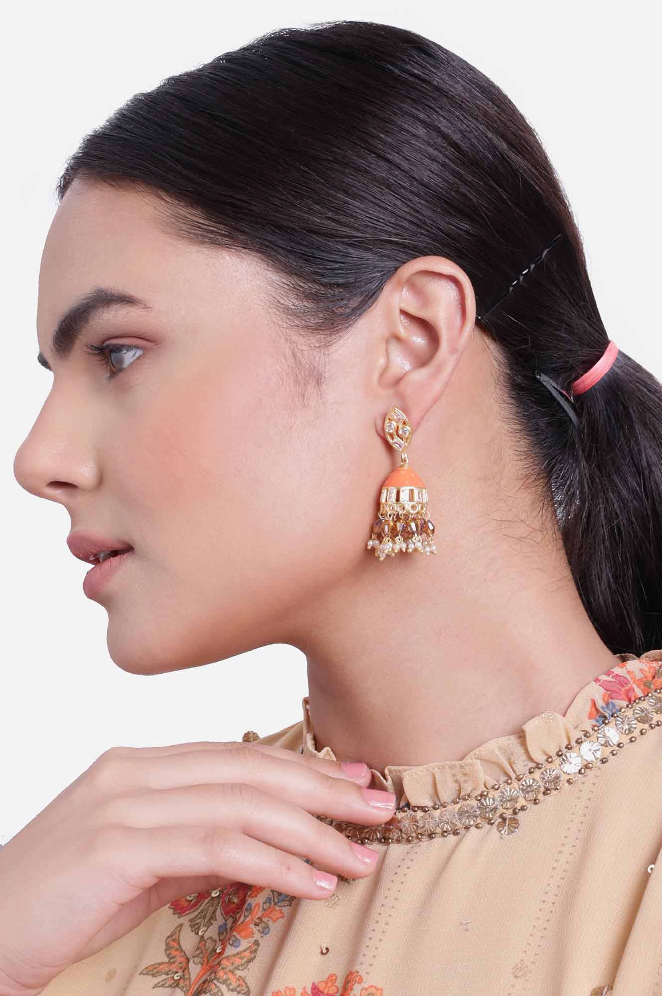 Orange Enamelled Beaded Jhumki Earrings