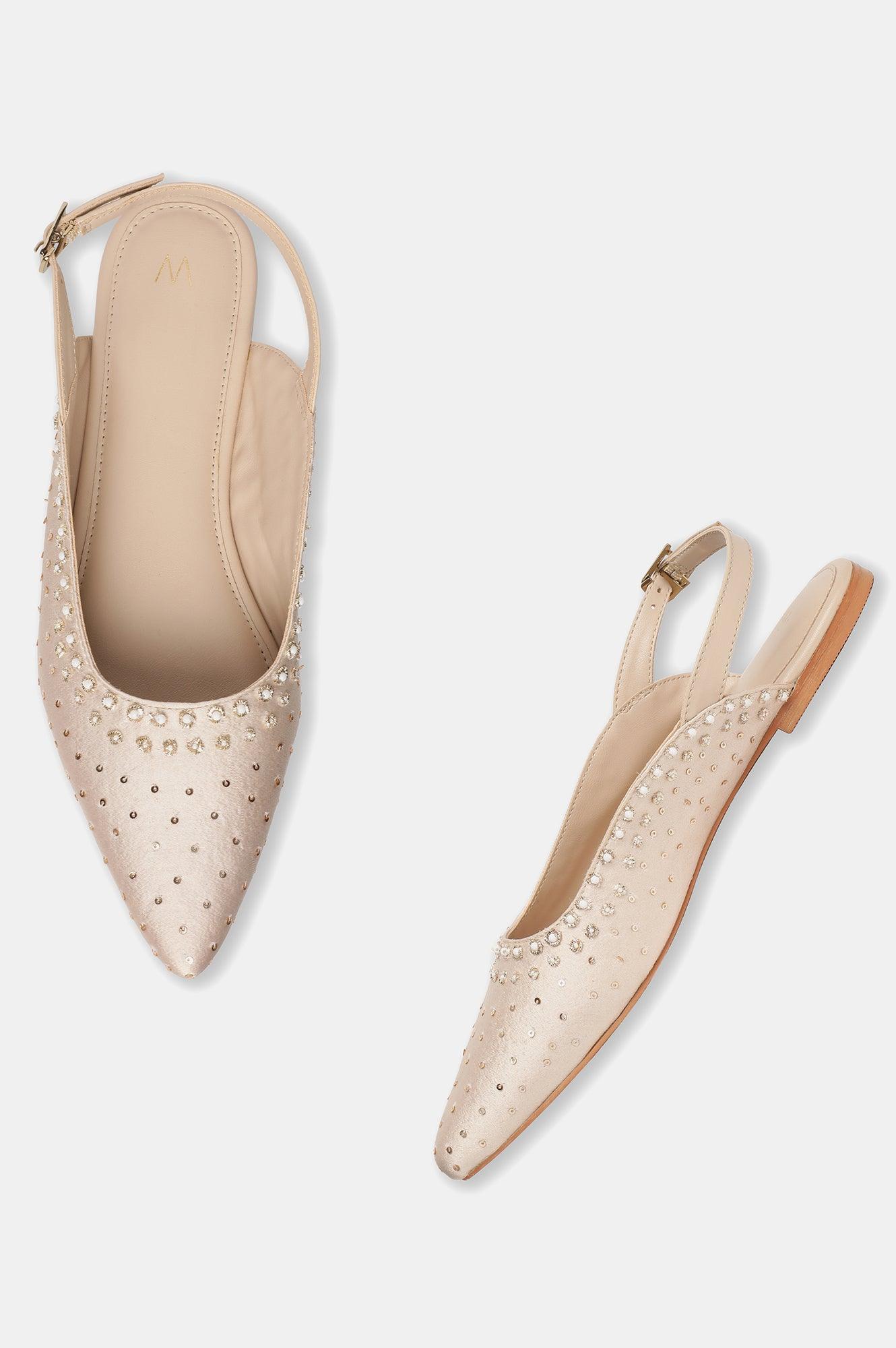 W Beige Embroidered Pointed Toe Flat-Wcharlotte - wforwoman
