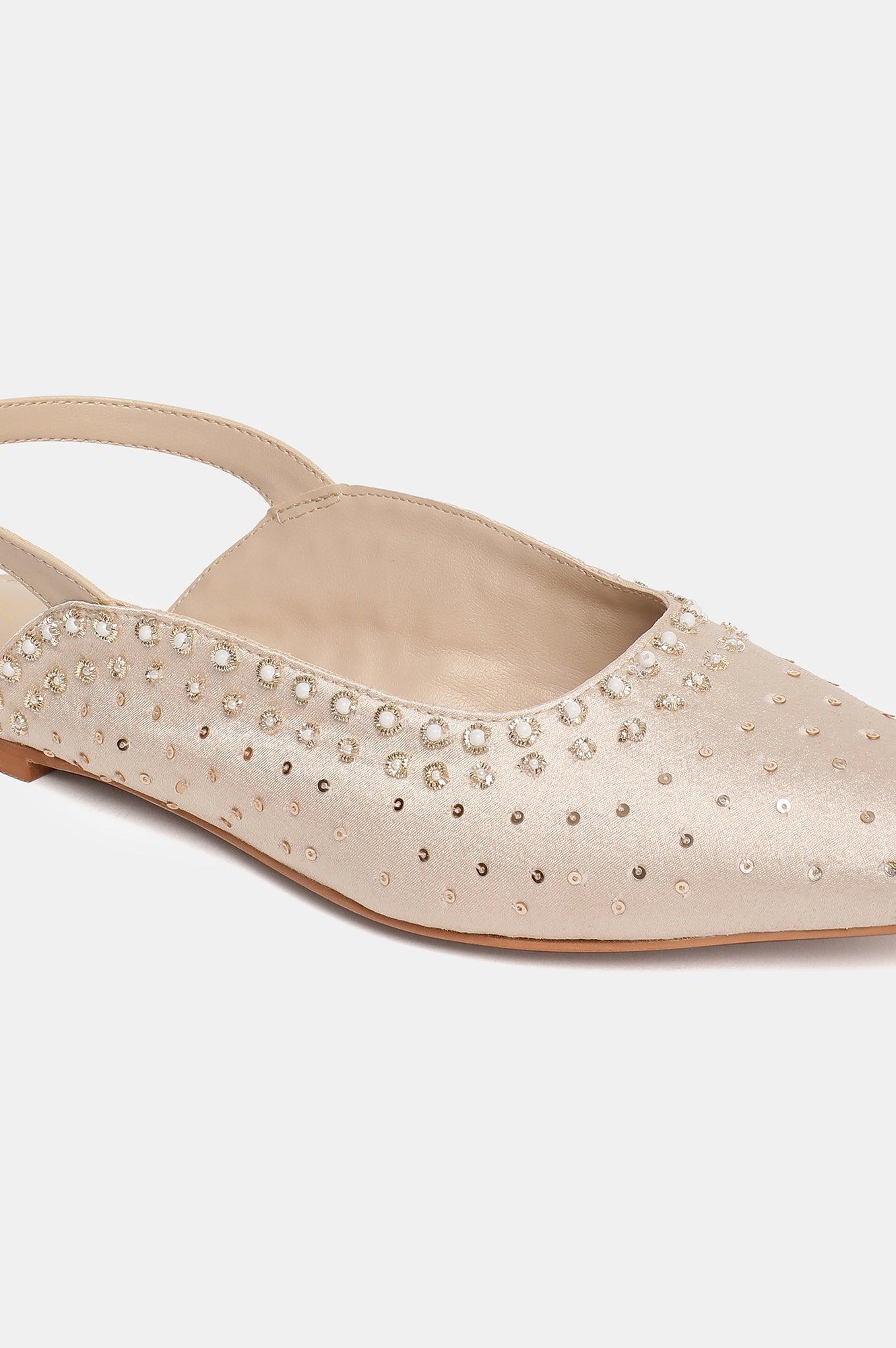 W Beige Embroidered Pointed Toe Flat-Wcharlotte - wforwoman
