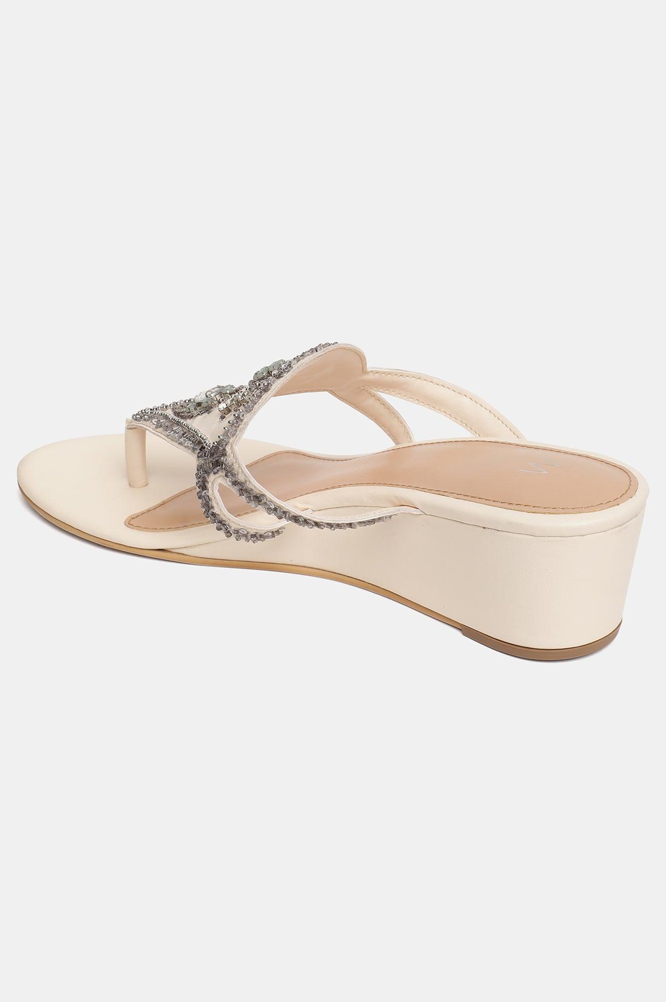 W Beige Embroidered Almond Toe Wedge-Whannah - wforwoman