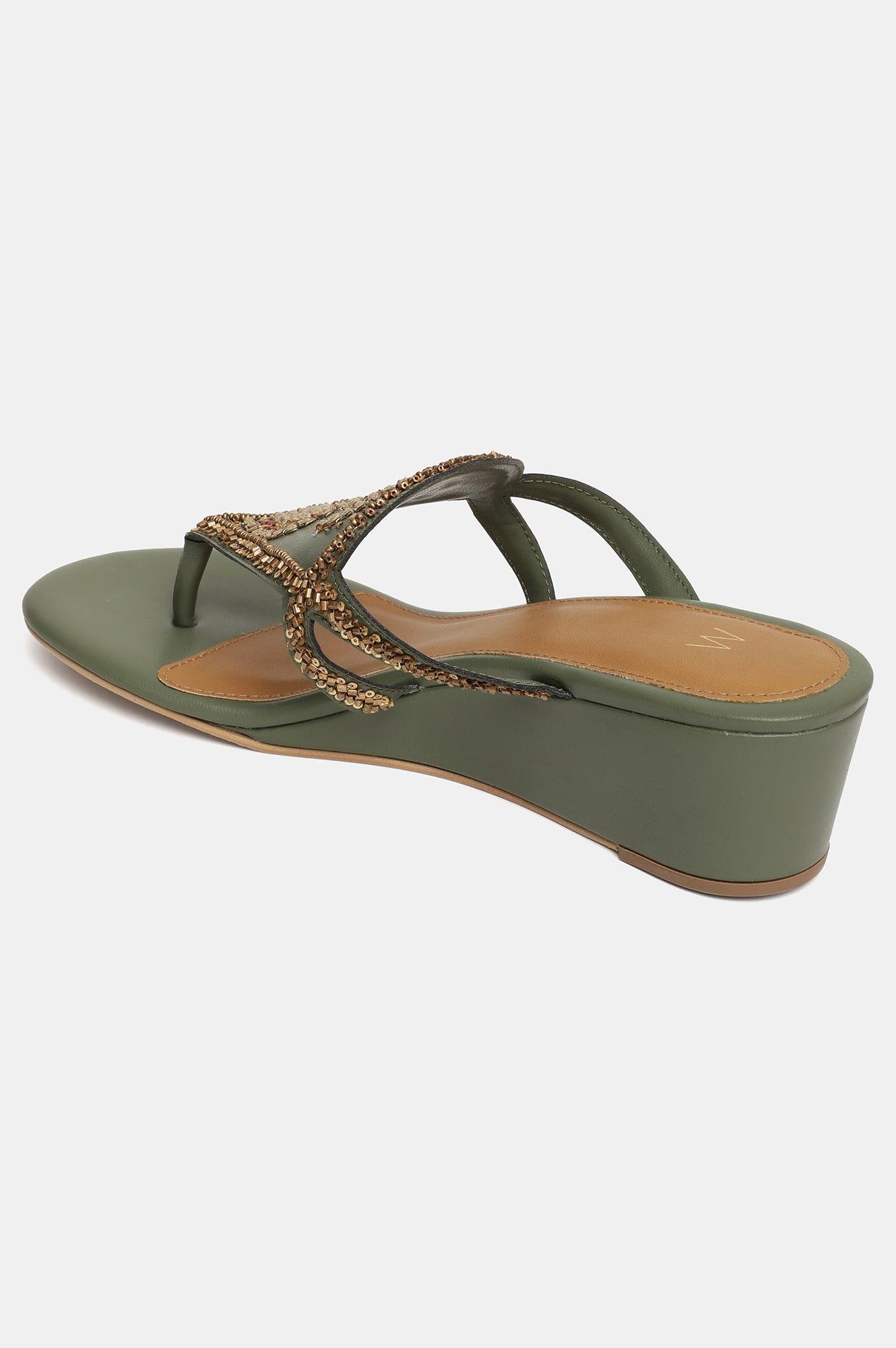 W Olive Embroidered Almond Toe Wedge-Whannah - wforwoman