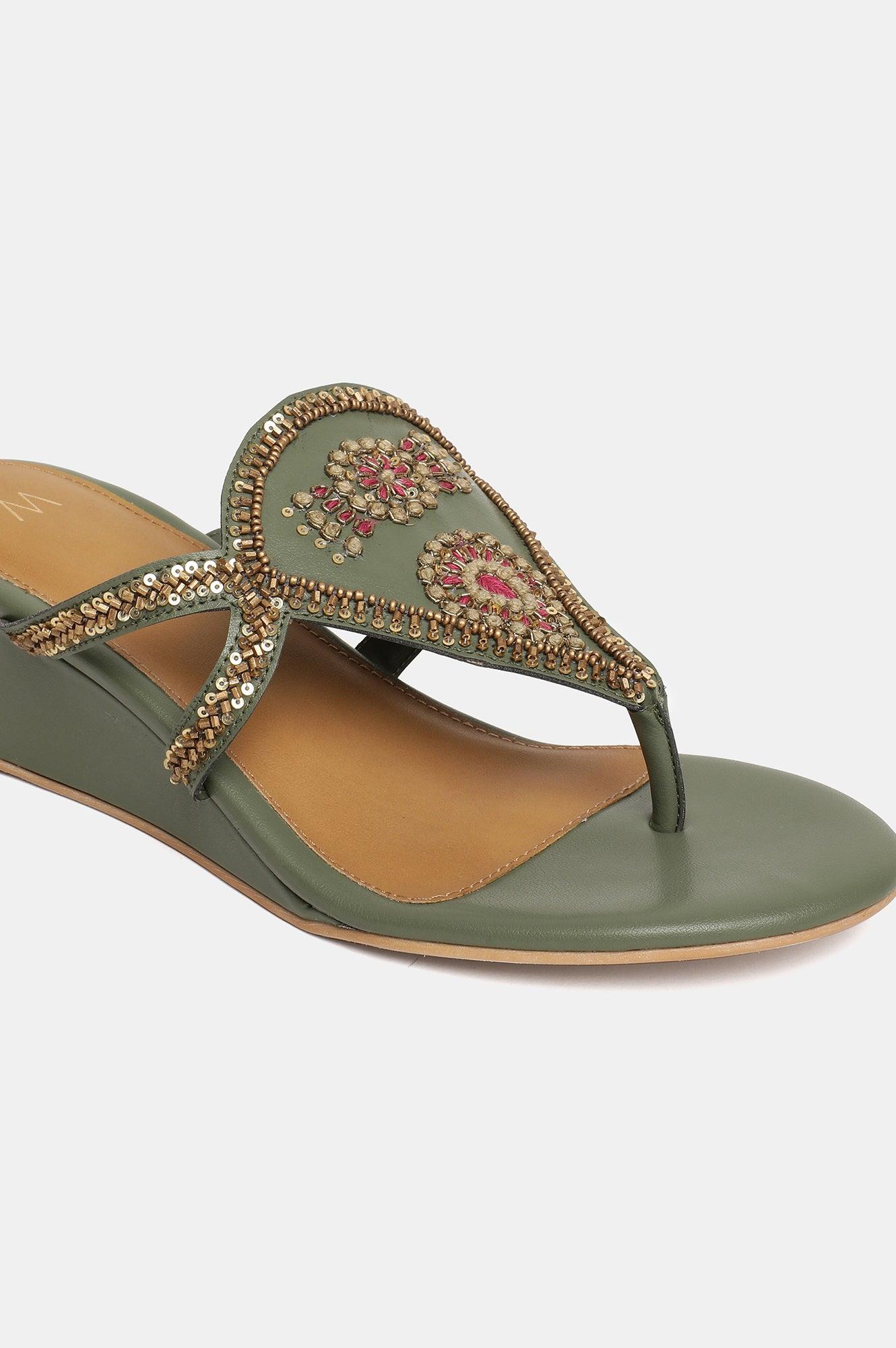 W Olive Embroidered Almond Toe Wedge-Whannah - wforwoman