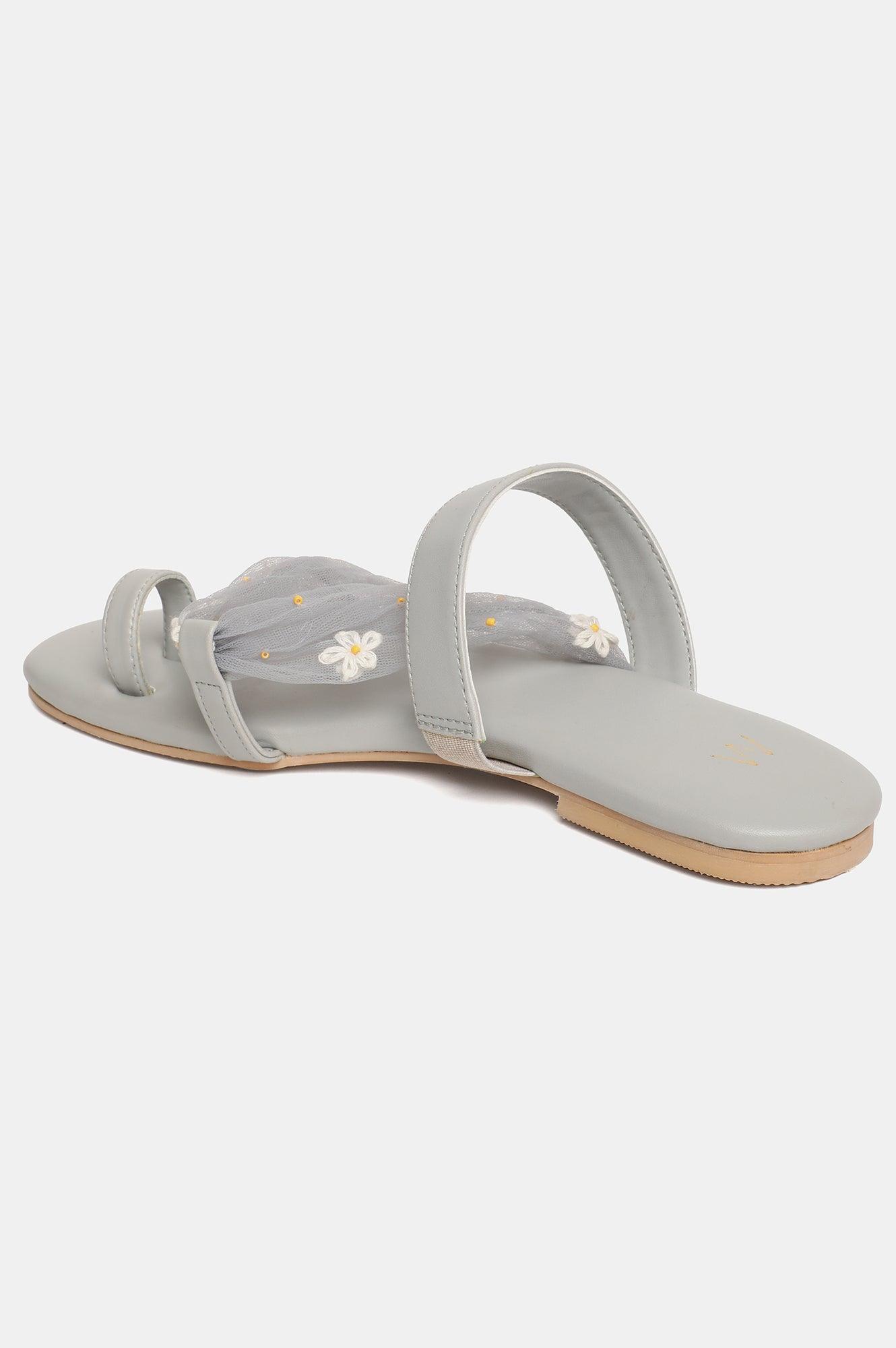 W Embroidered Grey Round Toe Flat - wforwoman