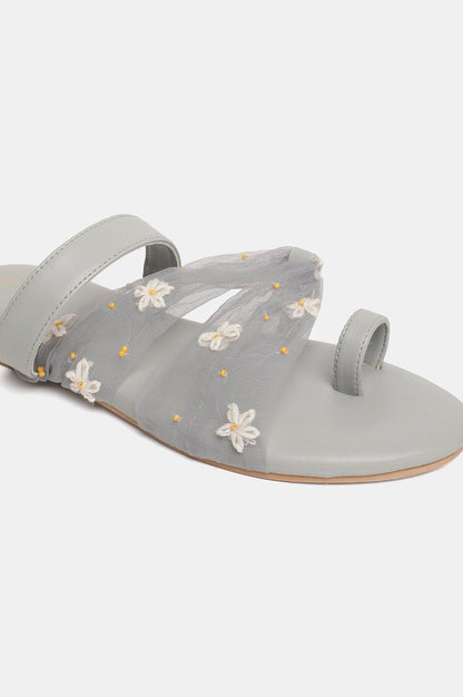 W Embroidered Grey Round Toe Flat - wforwoman