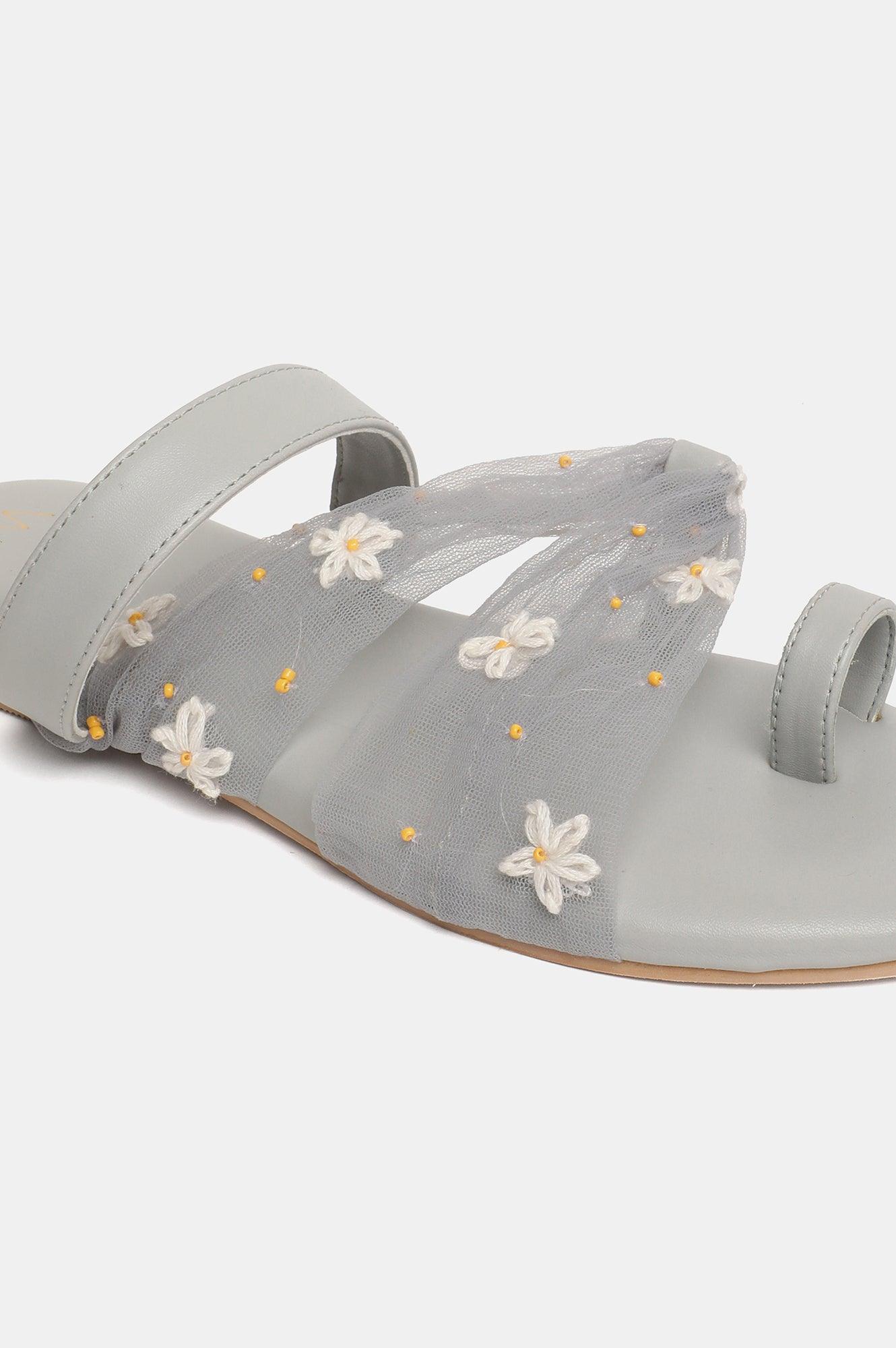 W Embroidered Grey Round Toe Flat - wforwoman