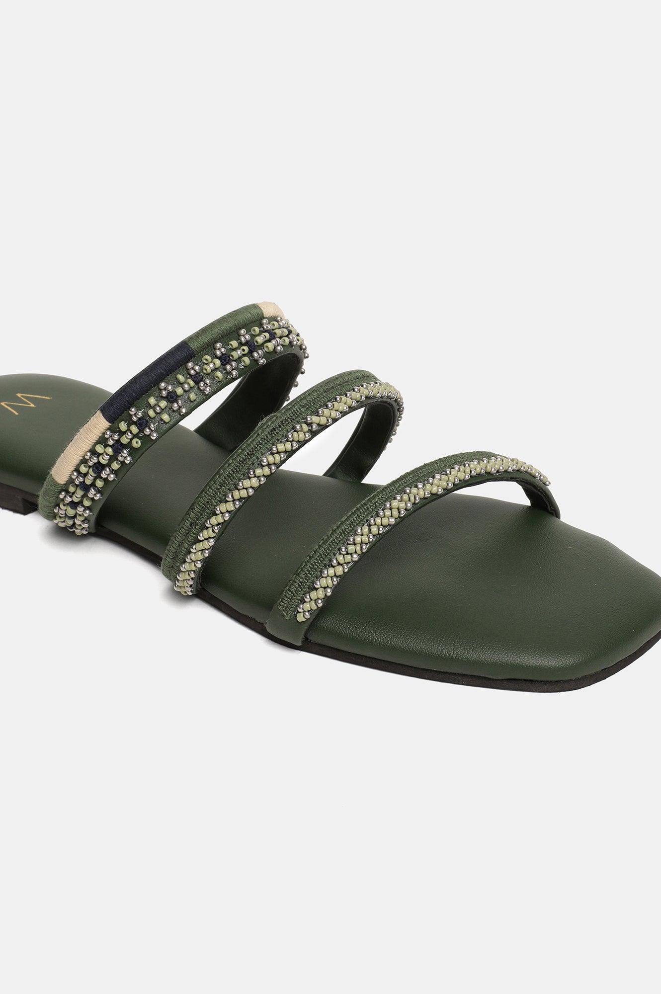 W Embroidered Green Square Toe Flat - wforwoman