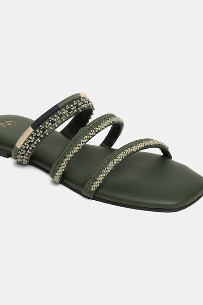 W Embroidered Green Square Toe Flat - wforwoman