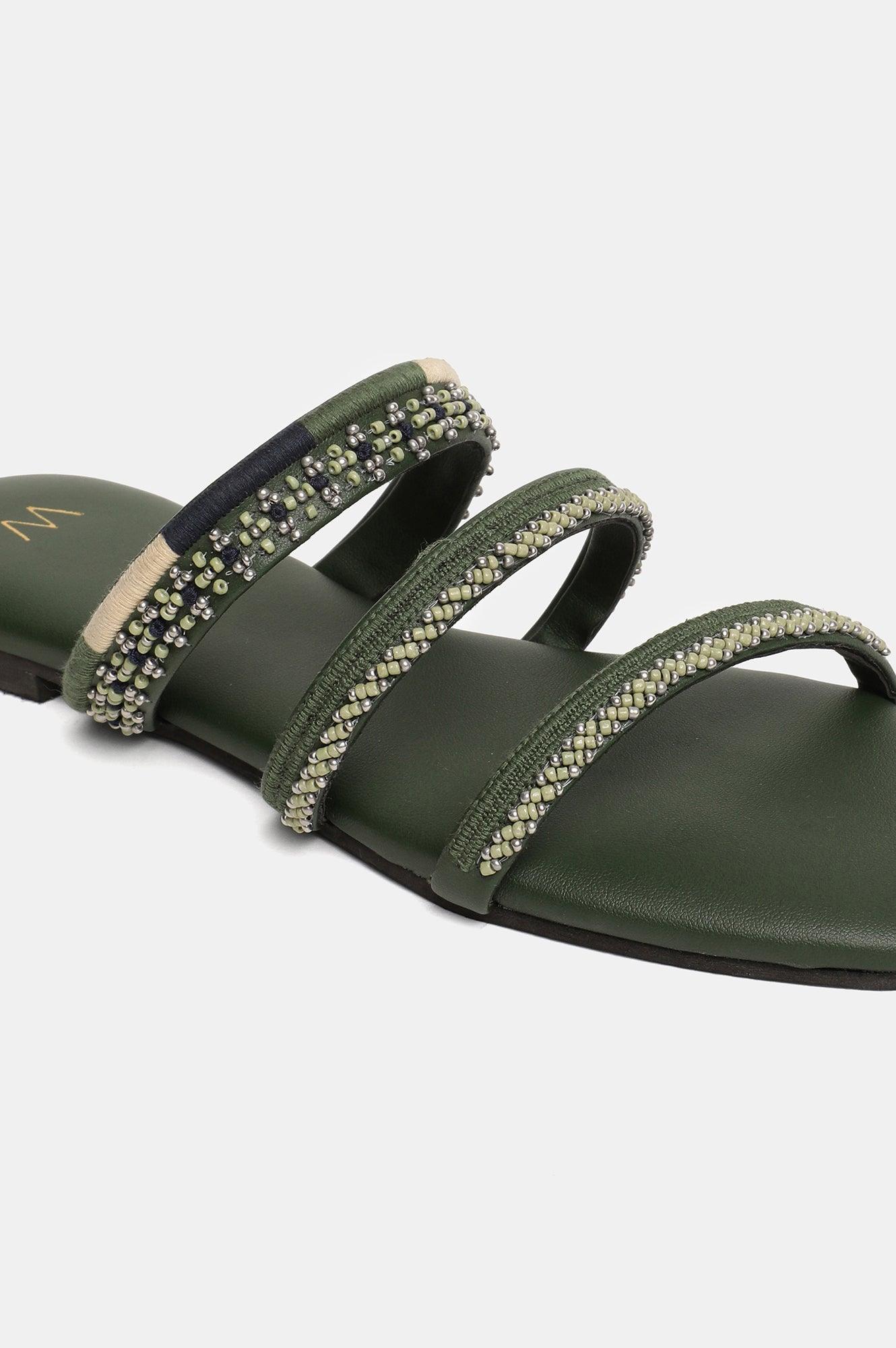 W Embroidered Green Square Toe Flat - wforwoman