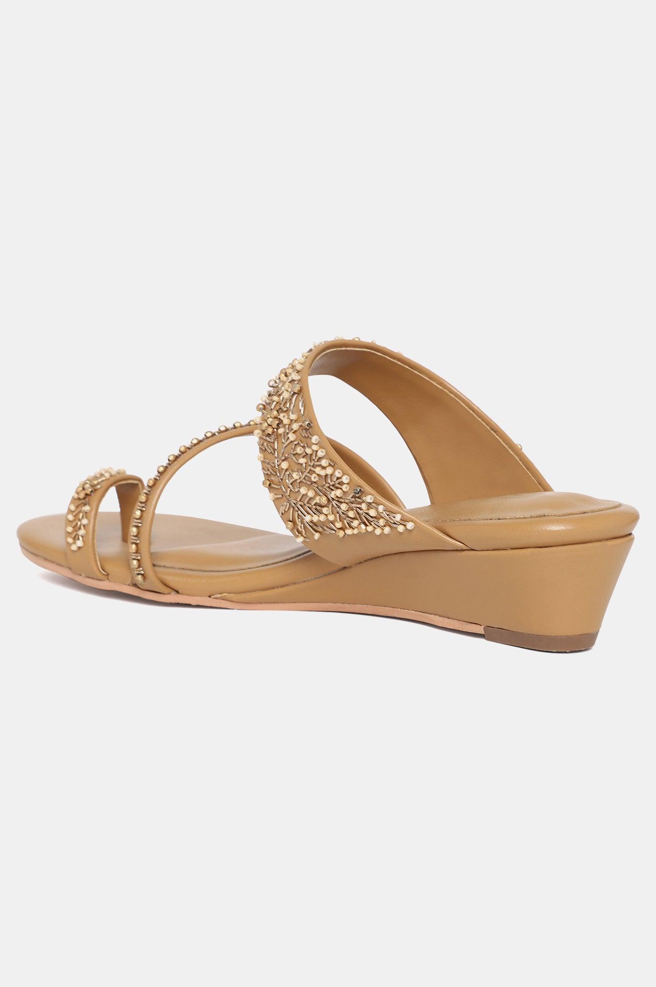 W Tan Embroidery Almond Toe Wedge-Wpresley - wforwoman