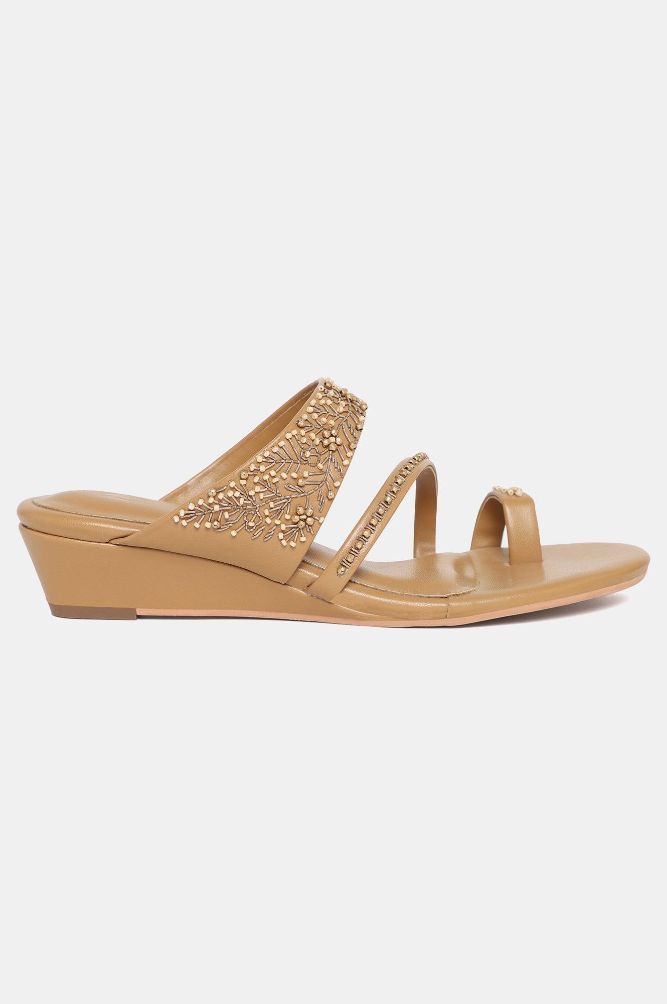 W Tan Embroidery Almond Toe Wedge-Wpresley - wforwoman