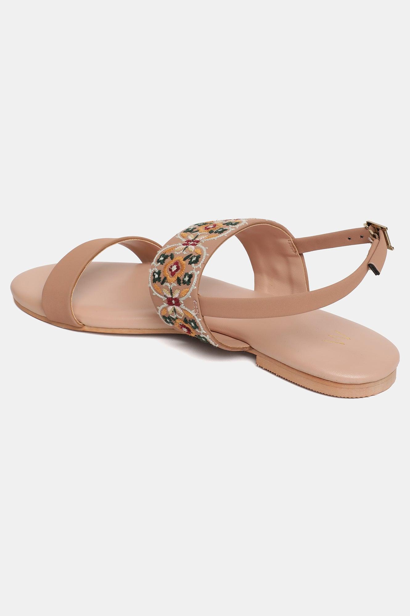 W Embroidered Blush Almond Toe Flat - wforwoman