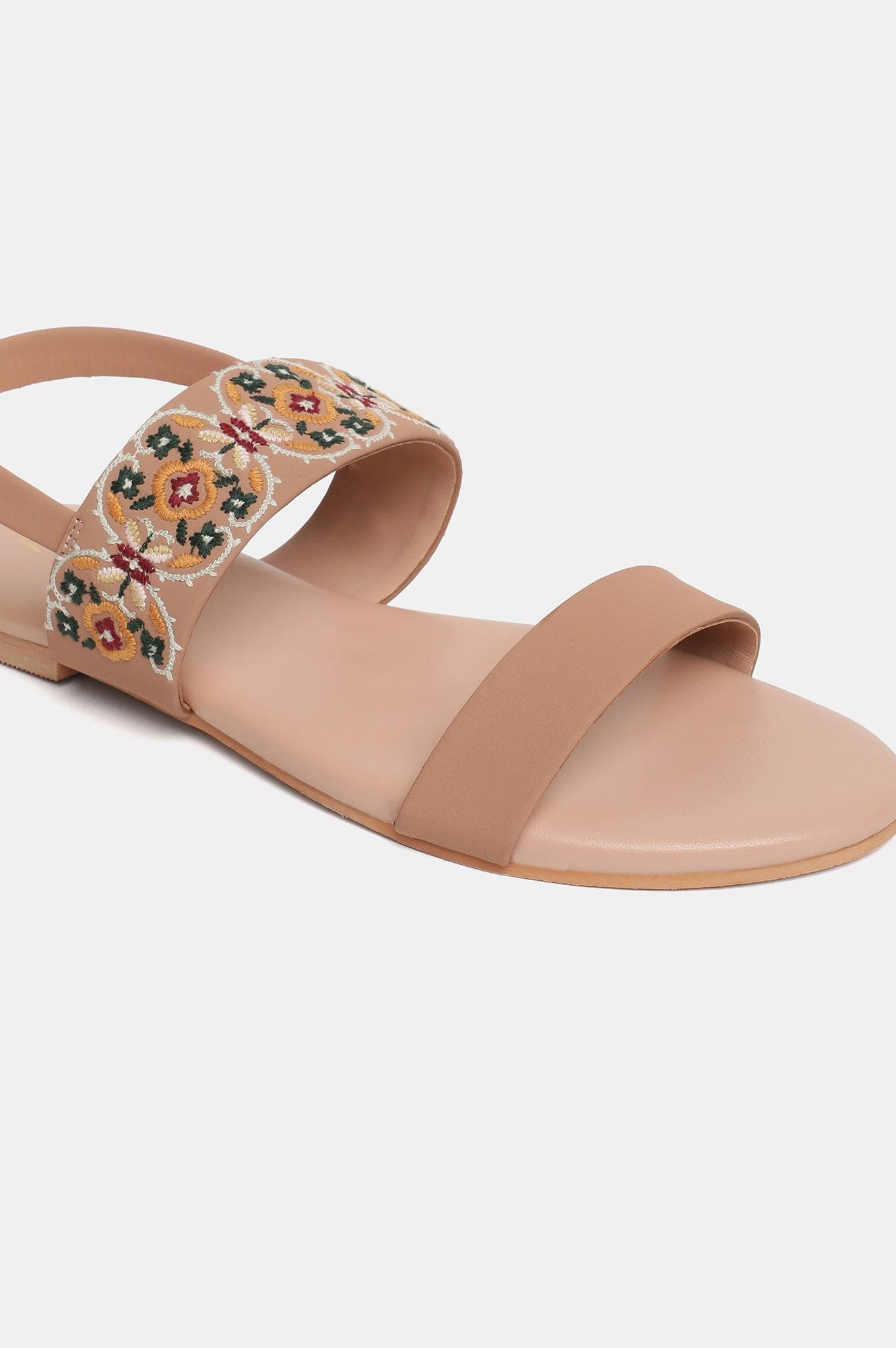 W Embroidered Blush Almond Toe Flat - wforwoman