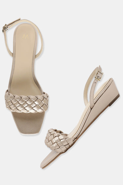 Gold Woven Design Square Toe Wedge-Wchelsea