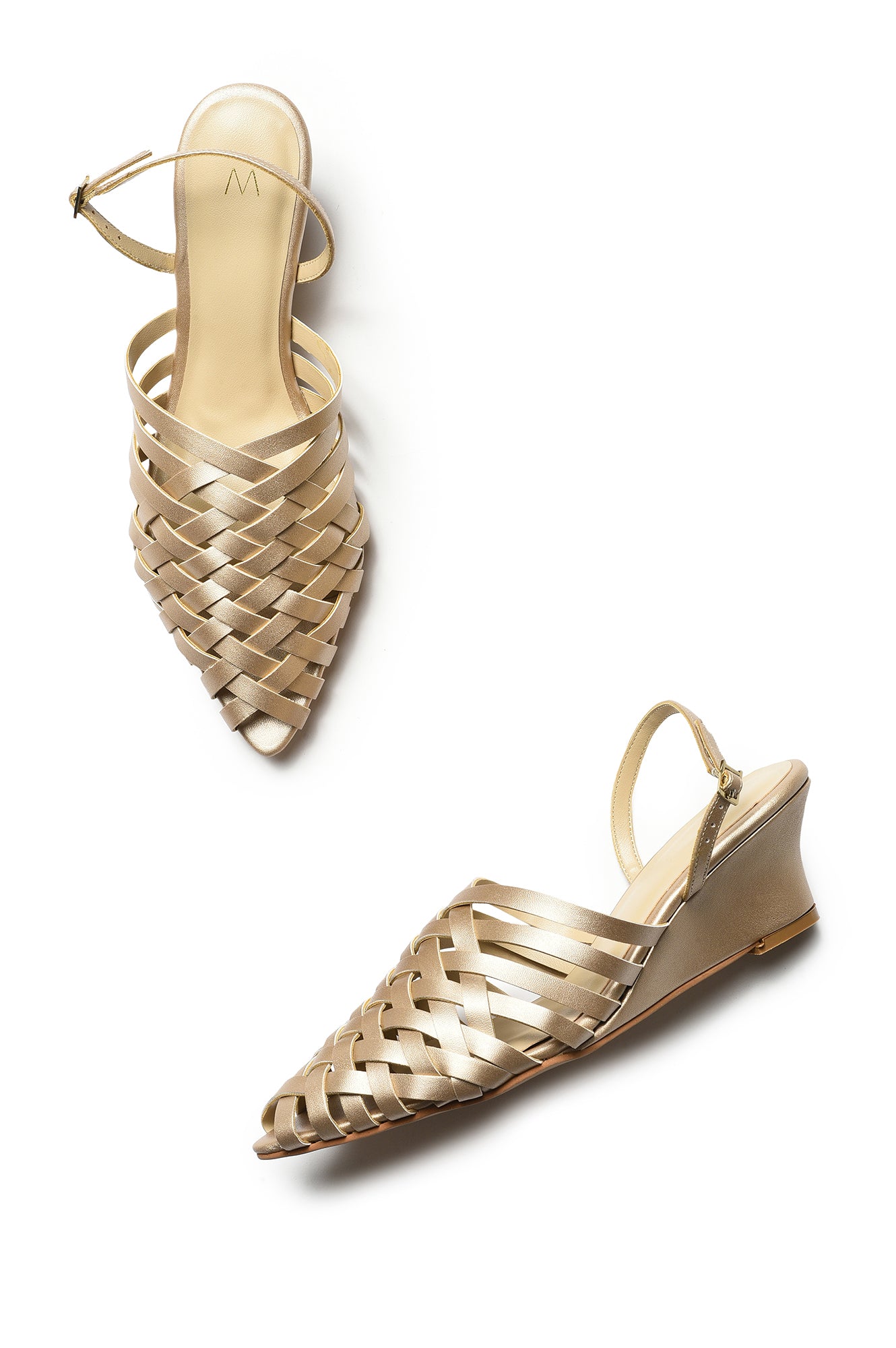 W Woven Design Gold Pointed Toe Wedge