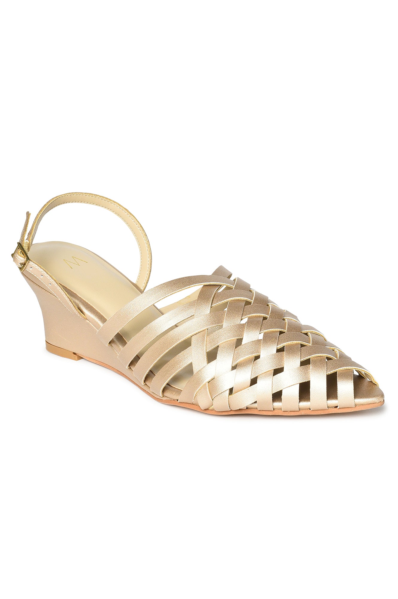 W Woven Design Gold Pointed Toe Wedge