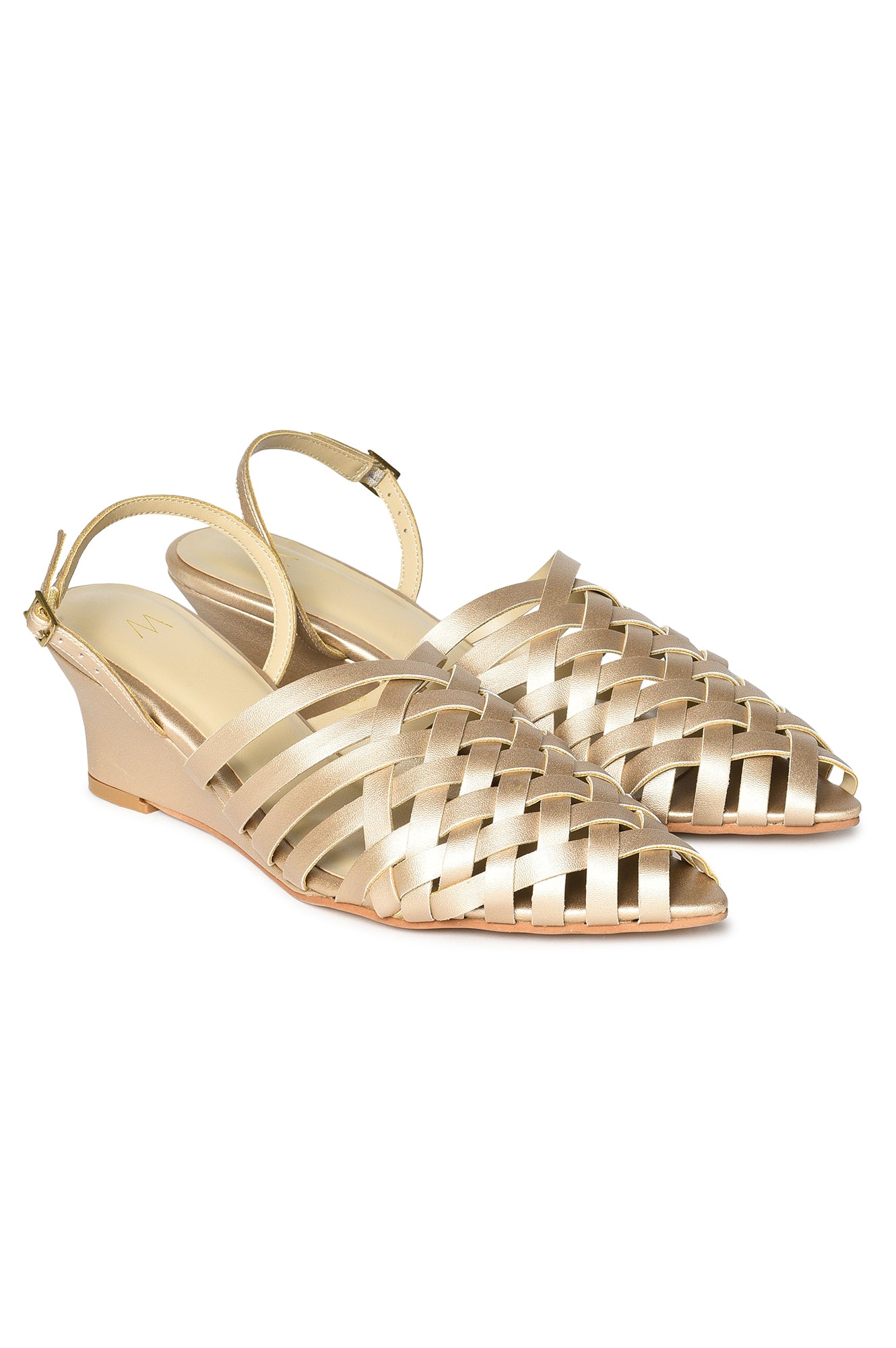 W Woven Design Gold Pointed Toe Wedge