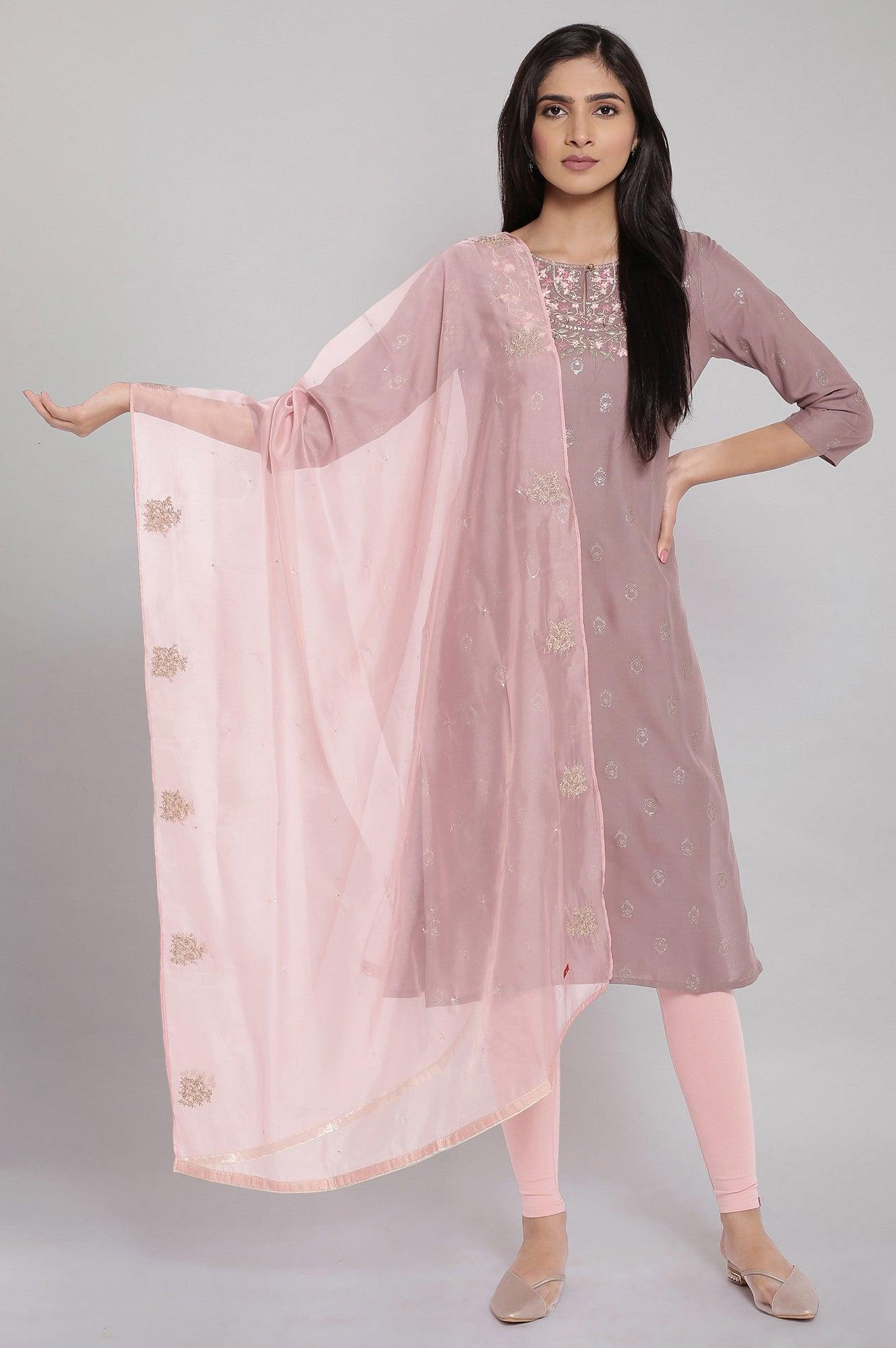 Purple Embroidered Straight kurta-Solid Tights-Dupatta Set - wforwoman