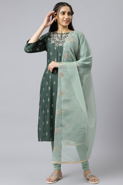 Green Embroidered Straight kurta-Solid Tights-Dupatta Set - wforwoman