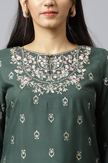 Green Embroidered Straight kurta-Solid Tights-Dupatta Set - wforwoman
