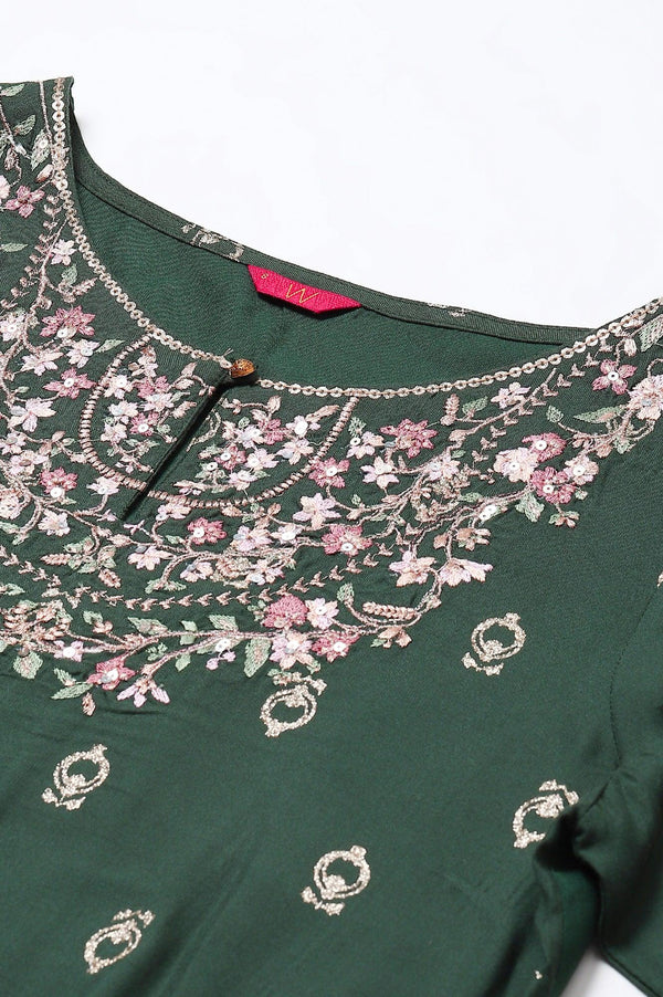 Green Embroidered Straight kurta-Solid Tights-Dupatta Set