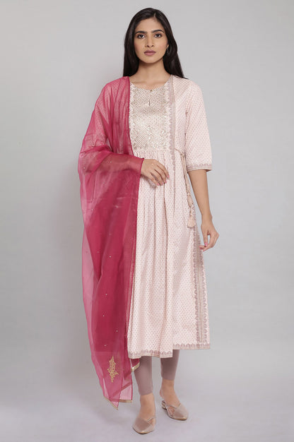 Shell Pink Embroidered kurta-Tights- Drape Set