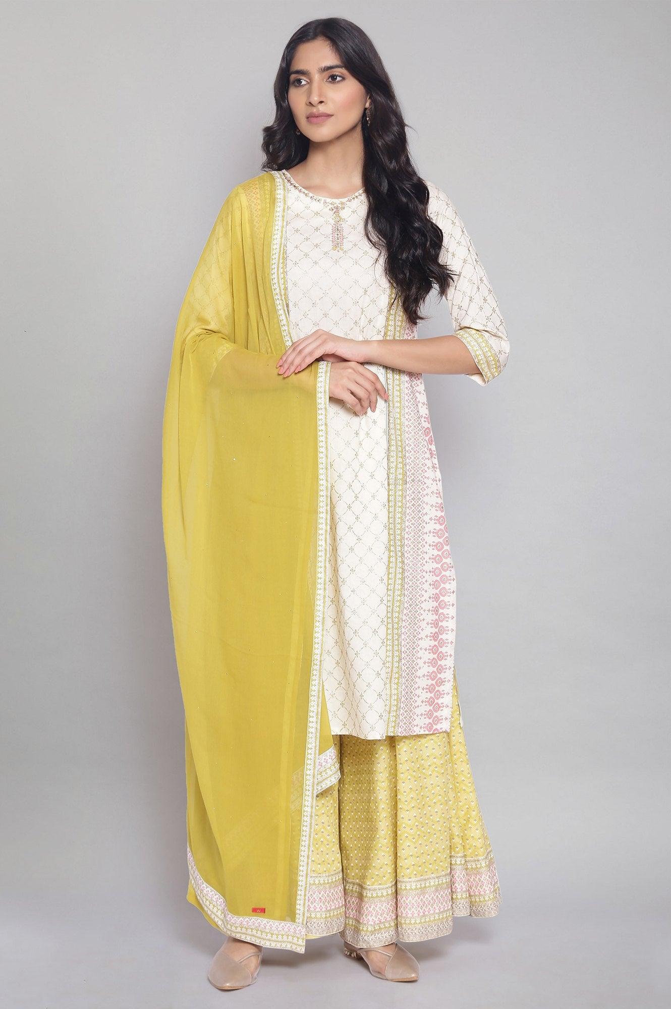 Ecru Mock Layered kurta-Culottes-Mesh Dupatta Set - wforwoman