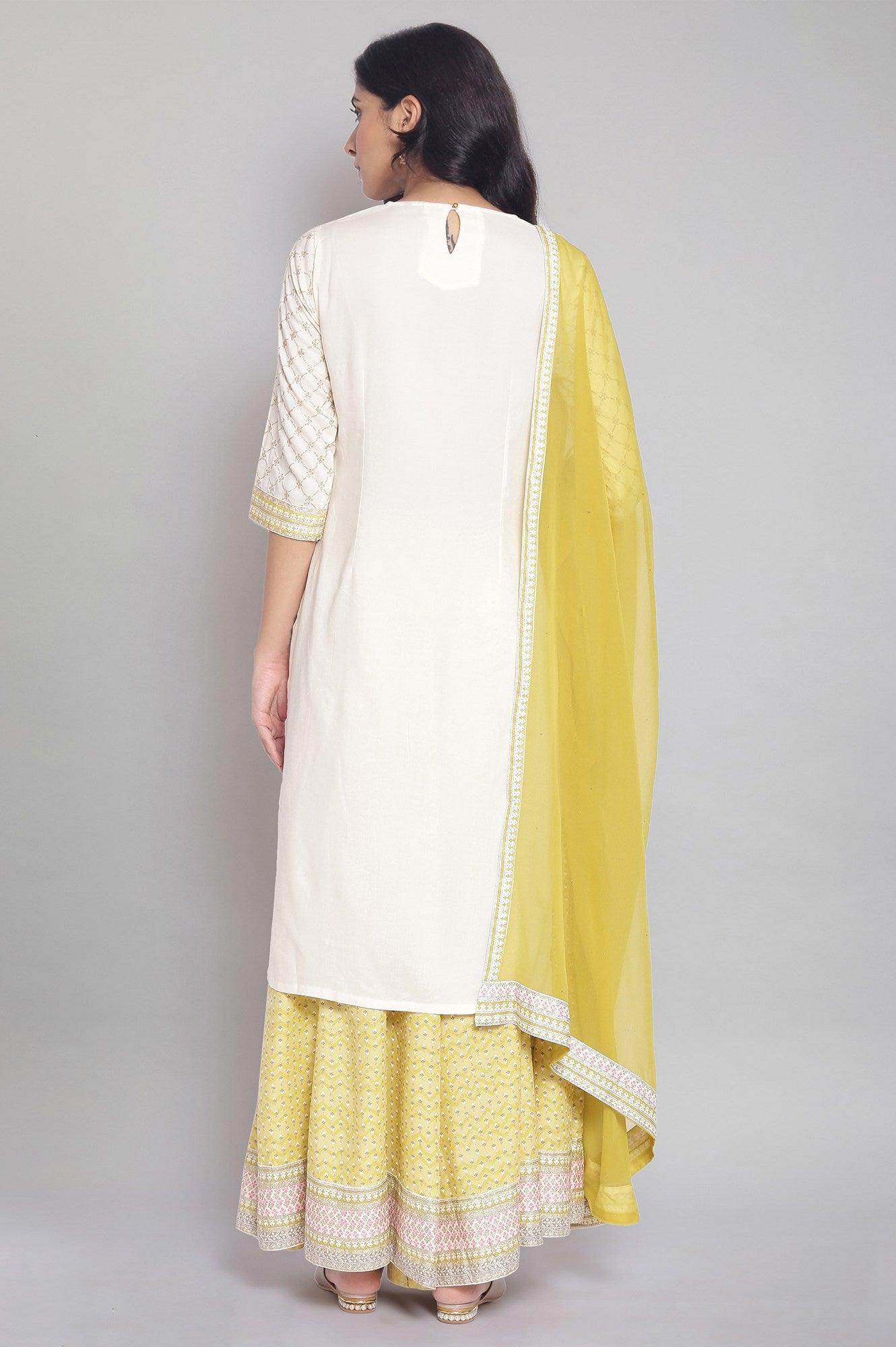 Ecru Mock Layered kurta-Culottes-Mesh Dupatta Set - wforwoman