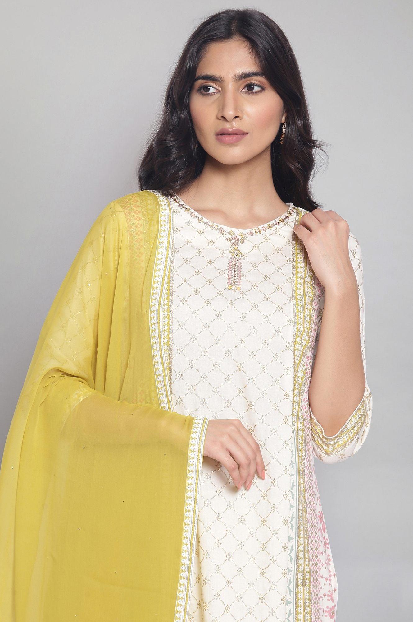 Ecru Mock Layered kurta-Culottes-Mesh Dupatta Set - wforwoman