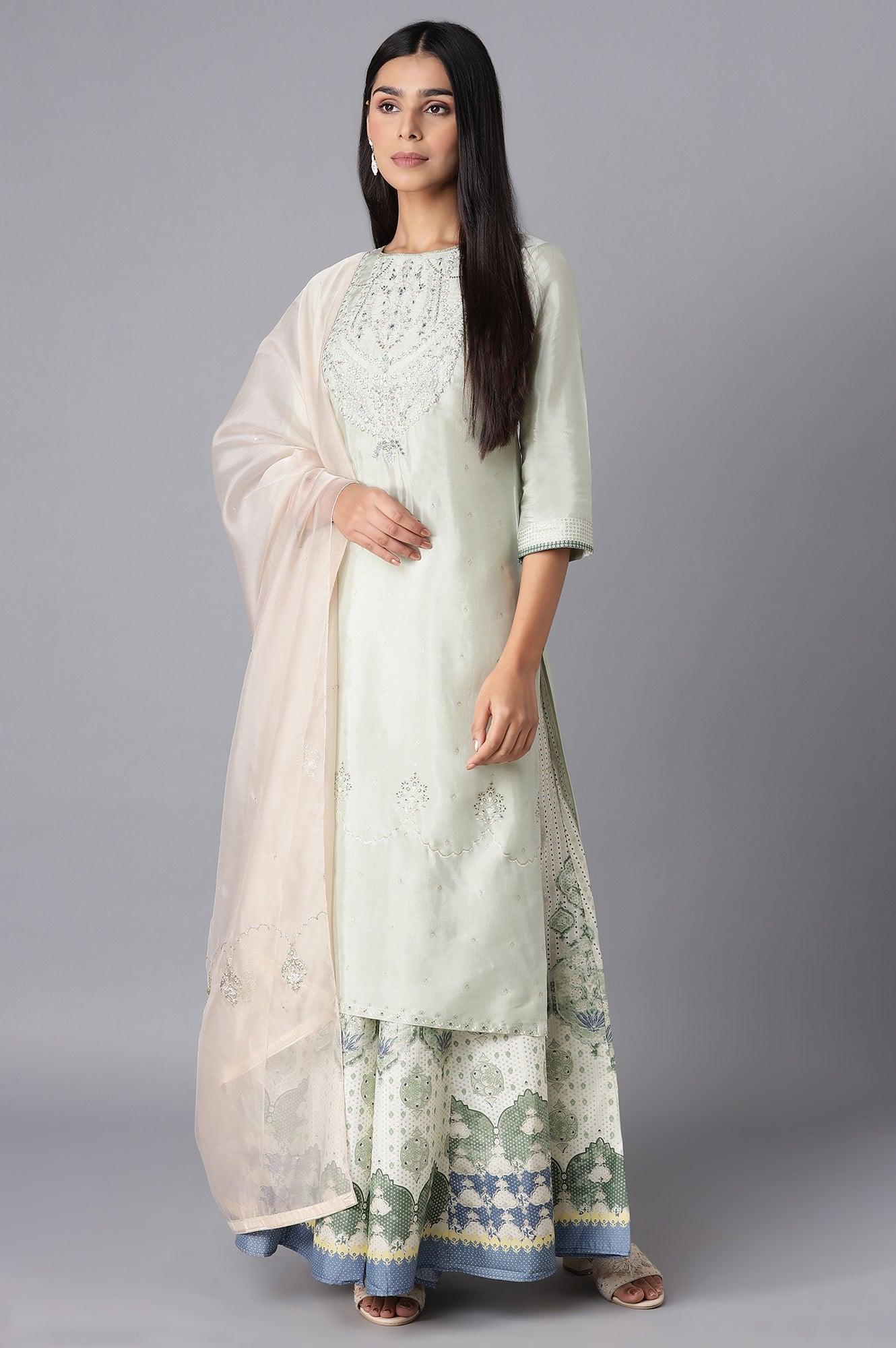 Light Green Embroidered kurta-Culottes-Organza Dupatta Set - wforwoman