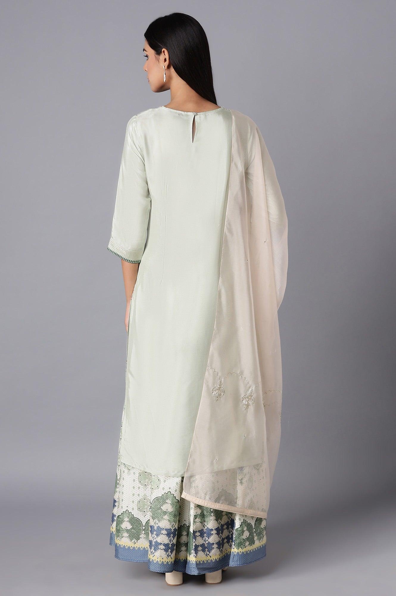 Light Green Embroidered kurta-Culottes-Organza Dupatta Set - wforwoman