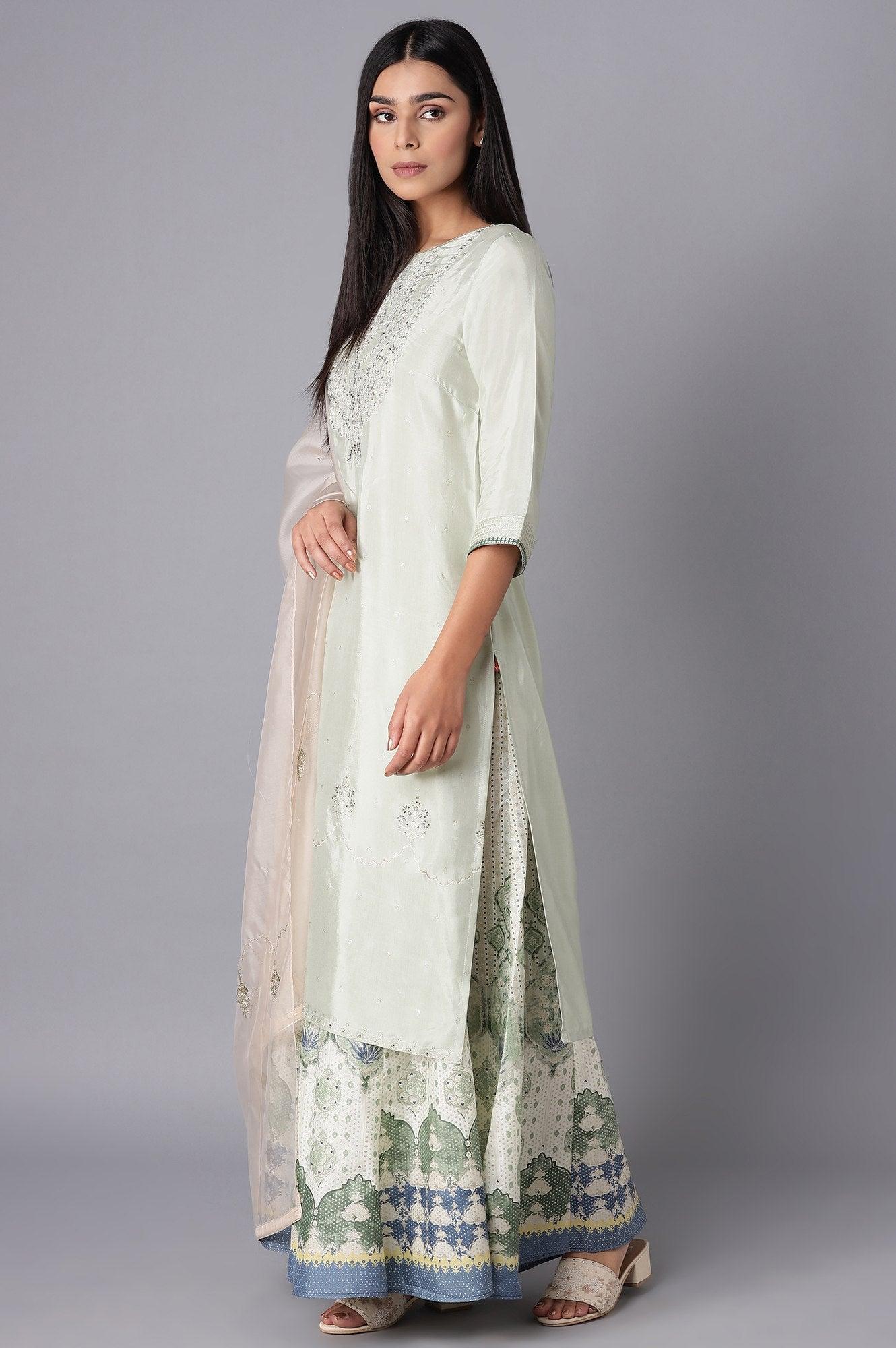 Light Green Embroidered kurta-Culottes-Organza Dupatta Set - wforwoman