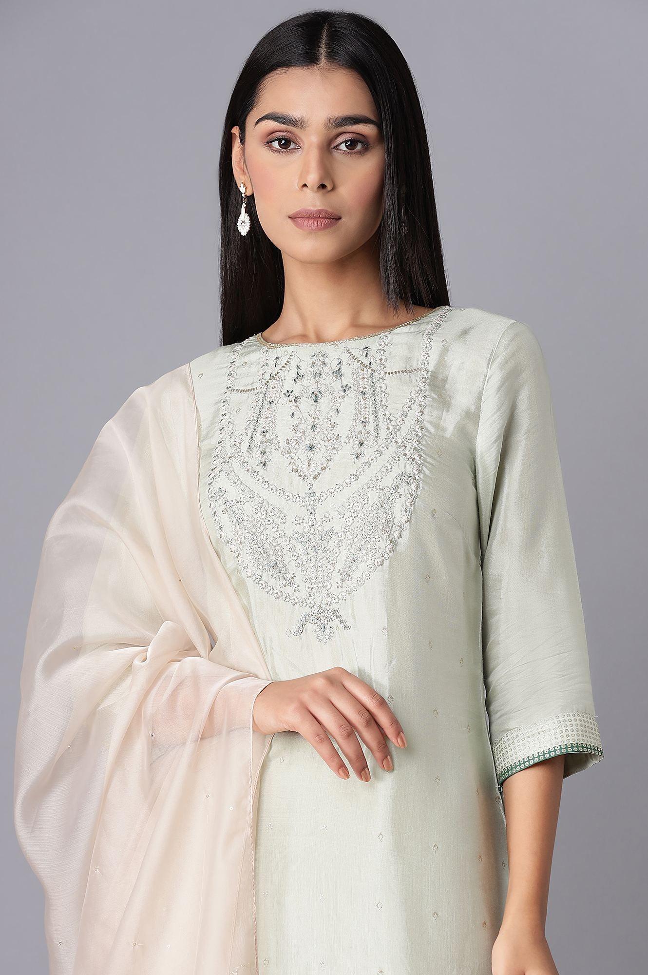 Light Green Embroidered kurta-Culottes-Organza Dupatta Set - wforwoman