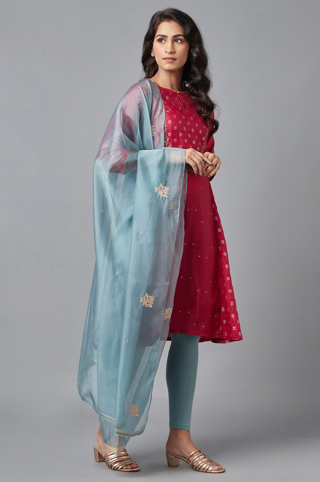Persian Red Embroidered Flared kurta-Solid Tights-Dupatta Set - wforwoman