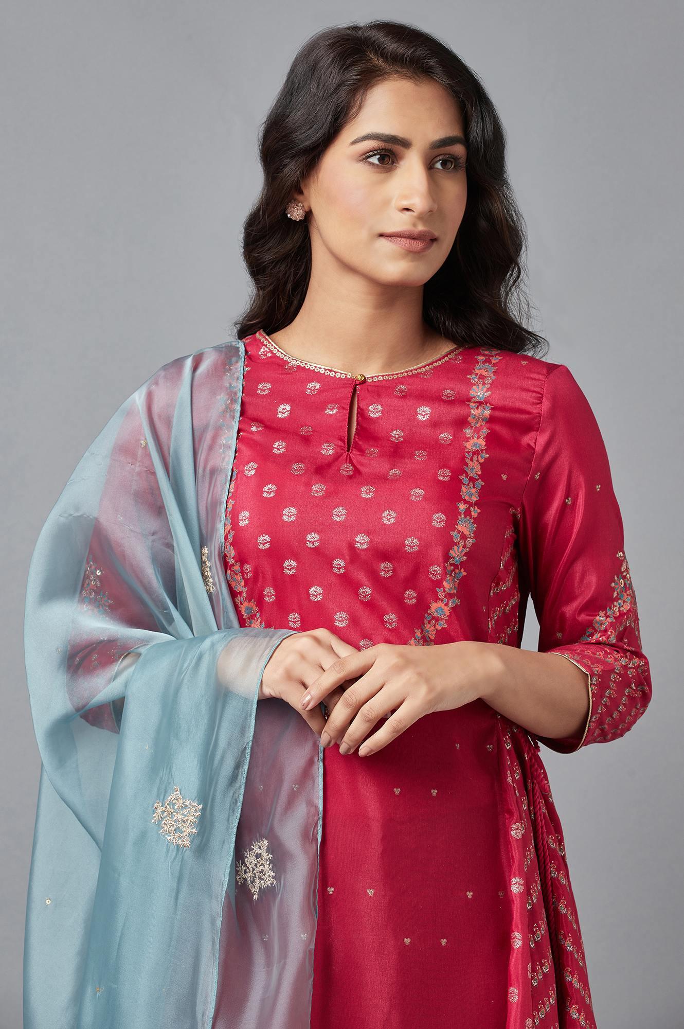 Persian Red Embroidered Flared kurta-Solid Tights-Dupatta Set - wforwoman