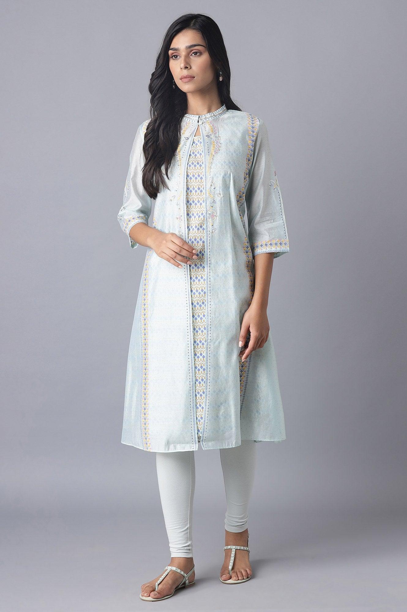 Ecru Printed Jacket Style kurta with Inner &amp; Tights - wforwoman