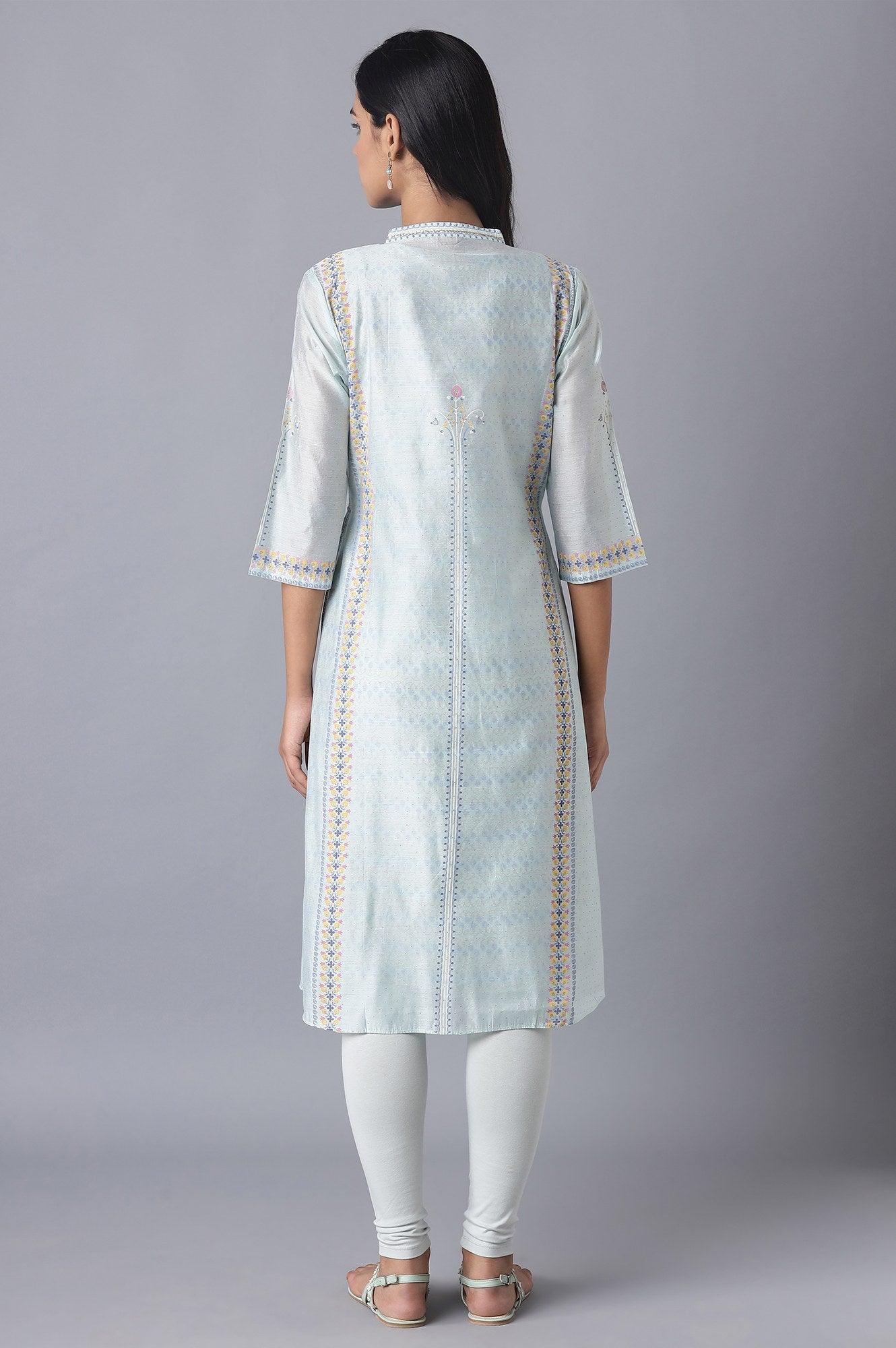 Ecru Printed Jacket Style kurta with Inner &amp; Tights - wforwoman