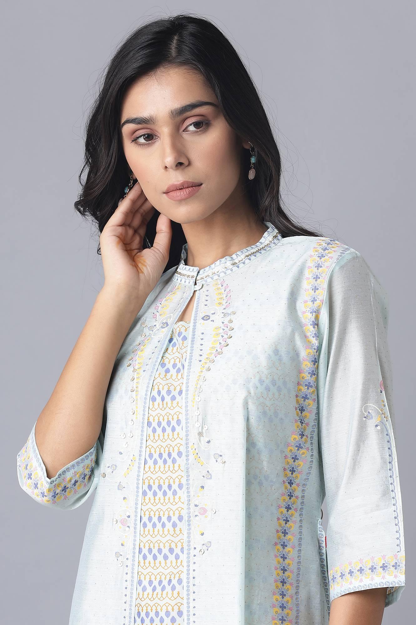 Ecru Printed Jacket Style kurta with Inner &amp; Tights - wforwoman