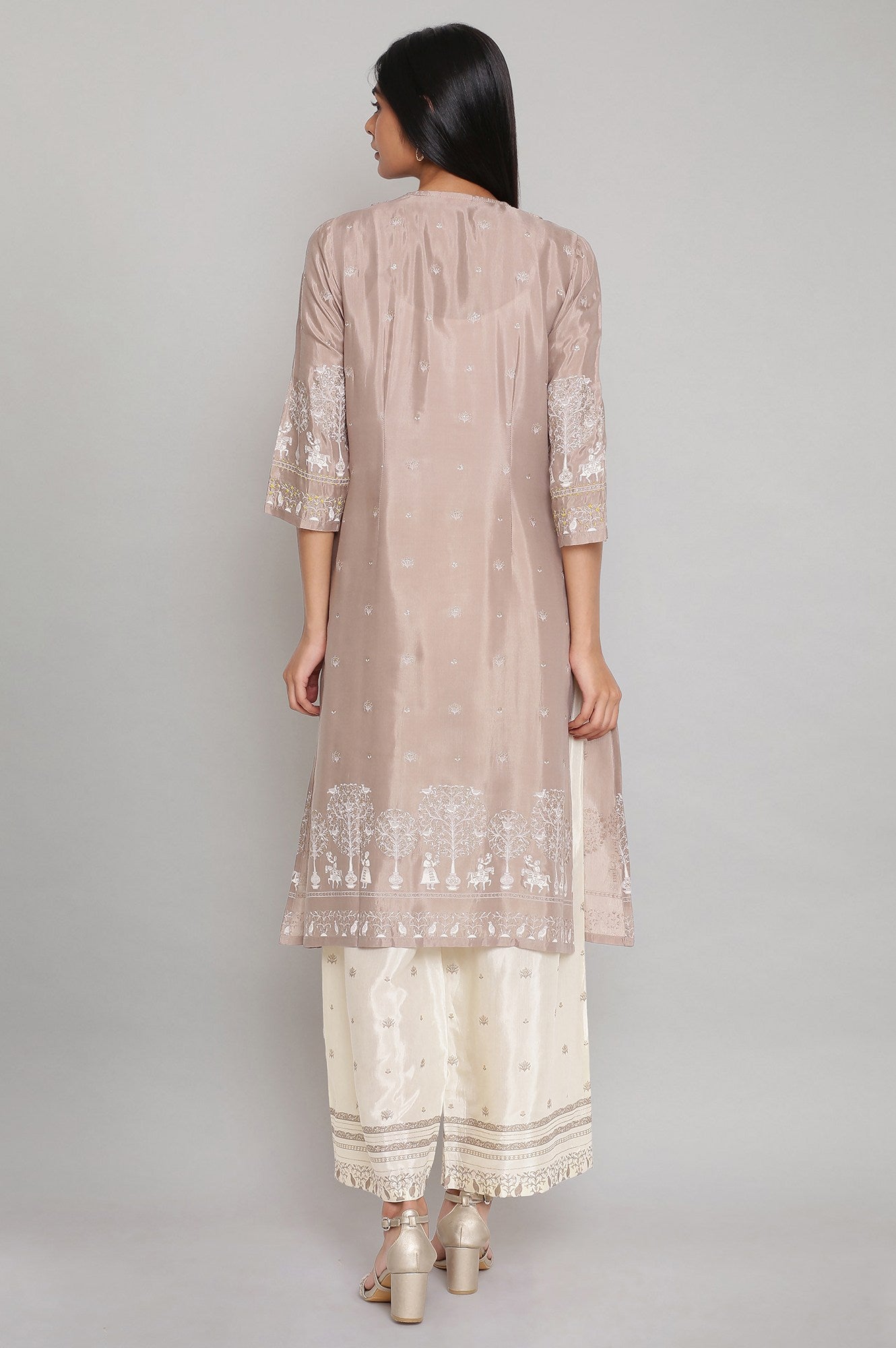 Grey Floral Print kurta-Parallel Pants Set