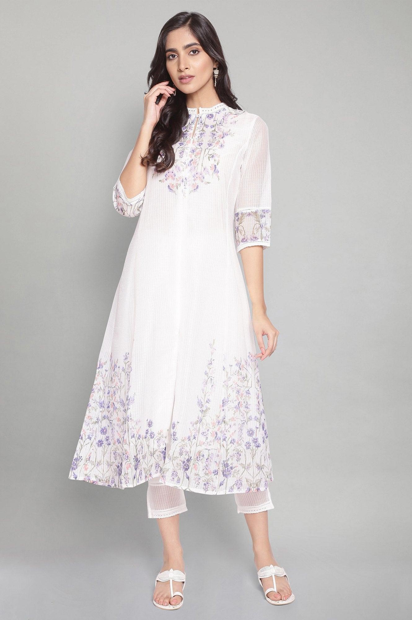 Ecru Sheer Printed kurta-Slim Pants Set - wforwoman