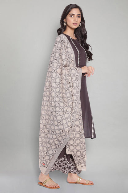 Grey Printed kurta-Parallel Pants-Voile Dupatta Set