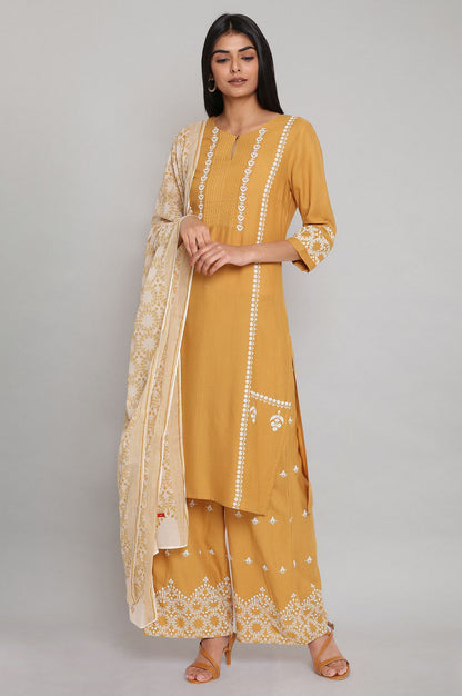 Yellow Printed kurta-Parallel Pants-Voile Dupatta Set