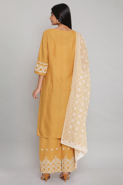 Yellow Printed kurta-Parallel Pants-Voile Dupatta Set