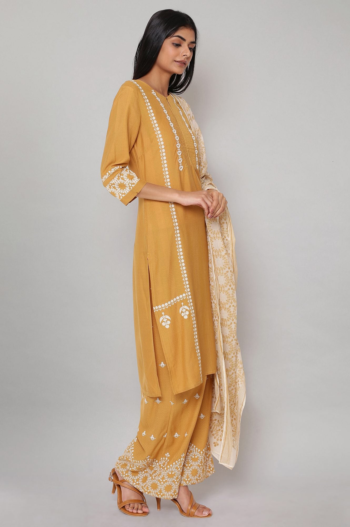 Yellow Printed kurta-Parallel Pants-Voile Dupatta Set