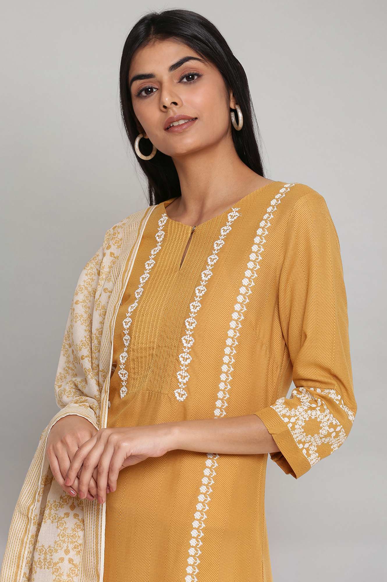 Yellow Printed kurta-Parallel Pants-Voile Dupatta Set